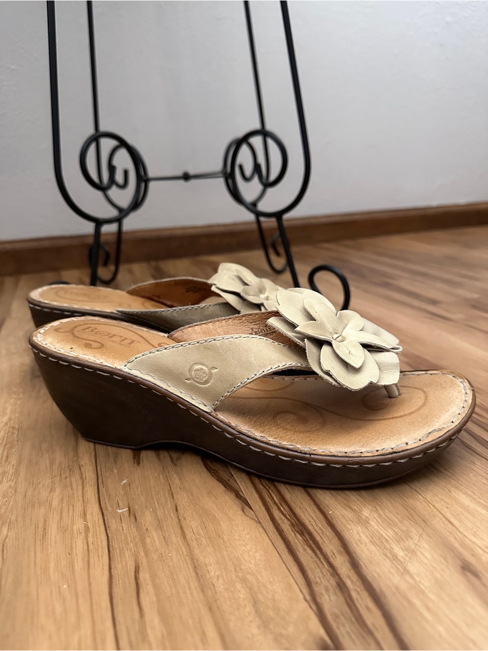 Born Tan Flower Thong Wedge Sandals